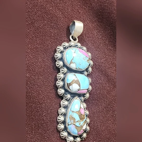 Artisan Sterling Silver Pendant with Turquoise and Pink Accents Cotton Candy - Picture 3 of 7